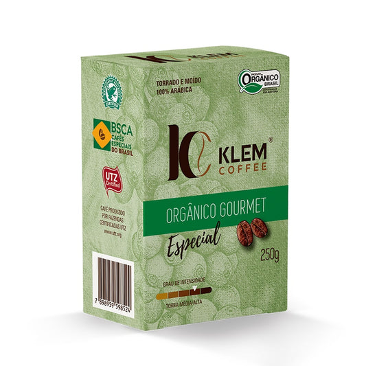 O Café Klem Orgânico Gourmet especial é um café com aroma frutado, com notas sensoriais de chocolate e nozes, destacando-se pelo alto grau de doçura, média acidez cítrica e finalização de corpo aveludado.