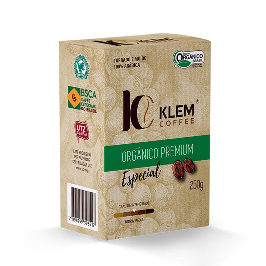 O Café Klem Orgânico Premium especial é um café com aroma floral, com notas sensoriais de chocolate e nozes, destacando-se pelo alto grau de doçura, alta acidez cítrica e finalização de corpo aveludado com caramelo